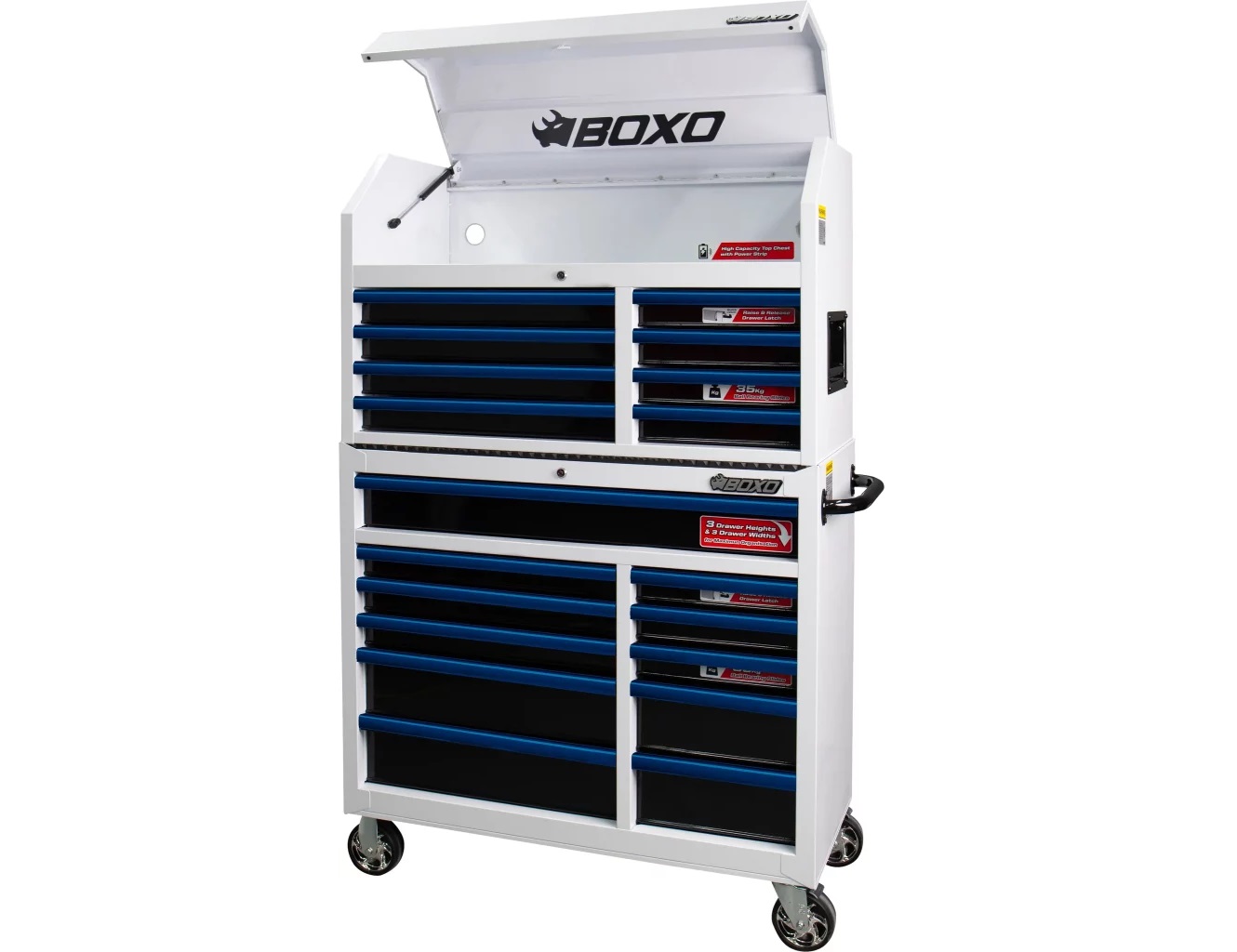 BOXO 41" 19 Drawer Toolbox Stack with Drawer Trim Pack White Body